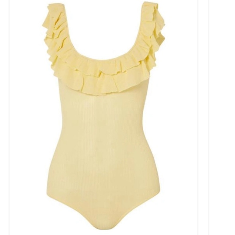 ULLA JOHNSON Arlee Ruffled Ribbed Cotton Bodysuit In Pastel Yellow